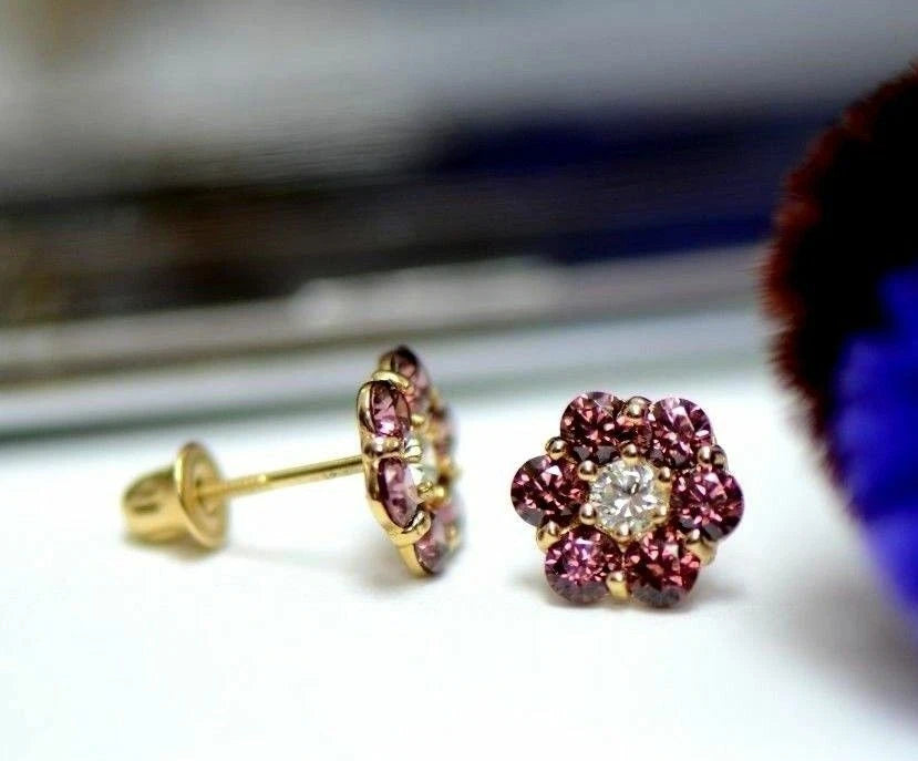 14k Yellow Gold Flower Stud Earrings Screw Back