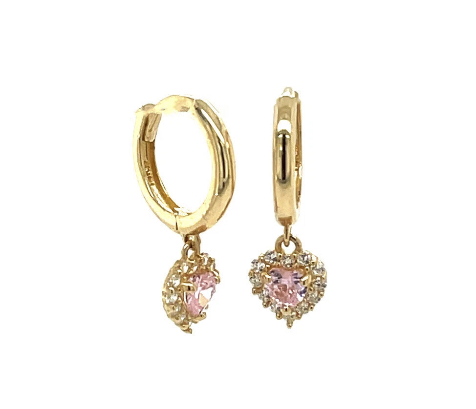 14k Yellow Gold Halo Birthstone Heart Shaped Huggie Earrings for Women