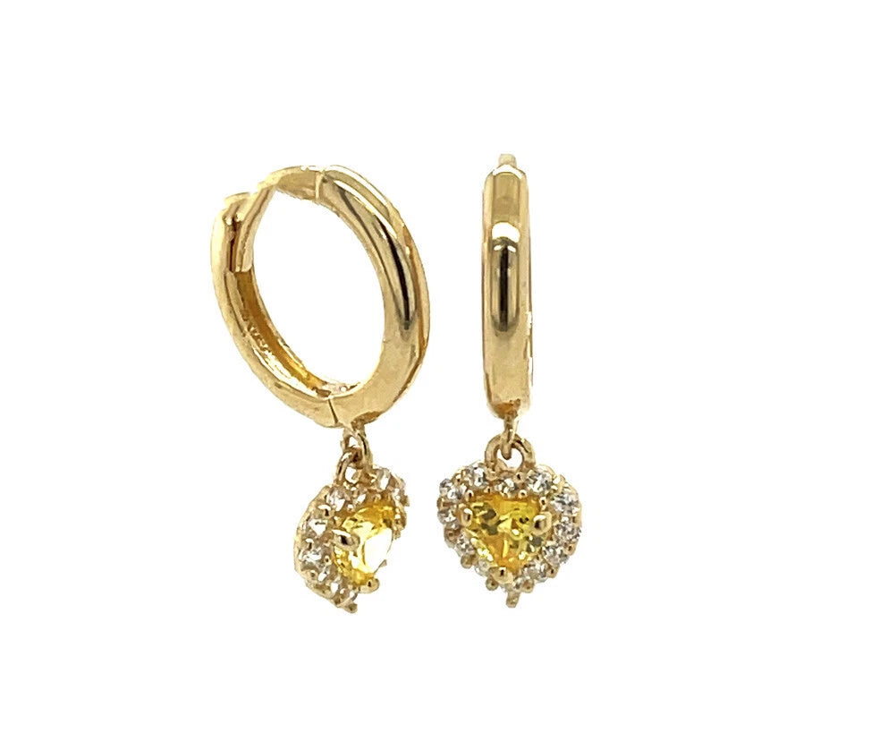 14k Yellow Gold Halo Birthstone Heart Shaped Huggie Earrings for Women