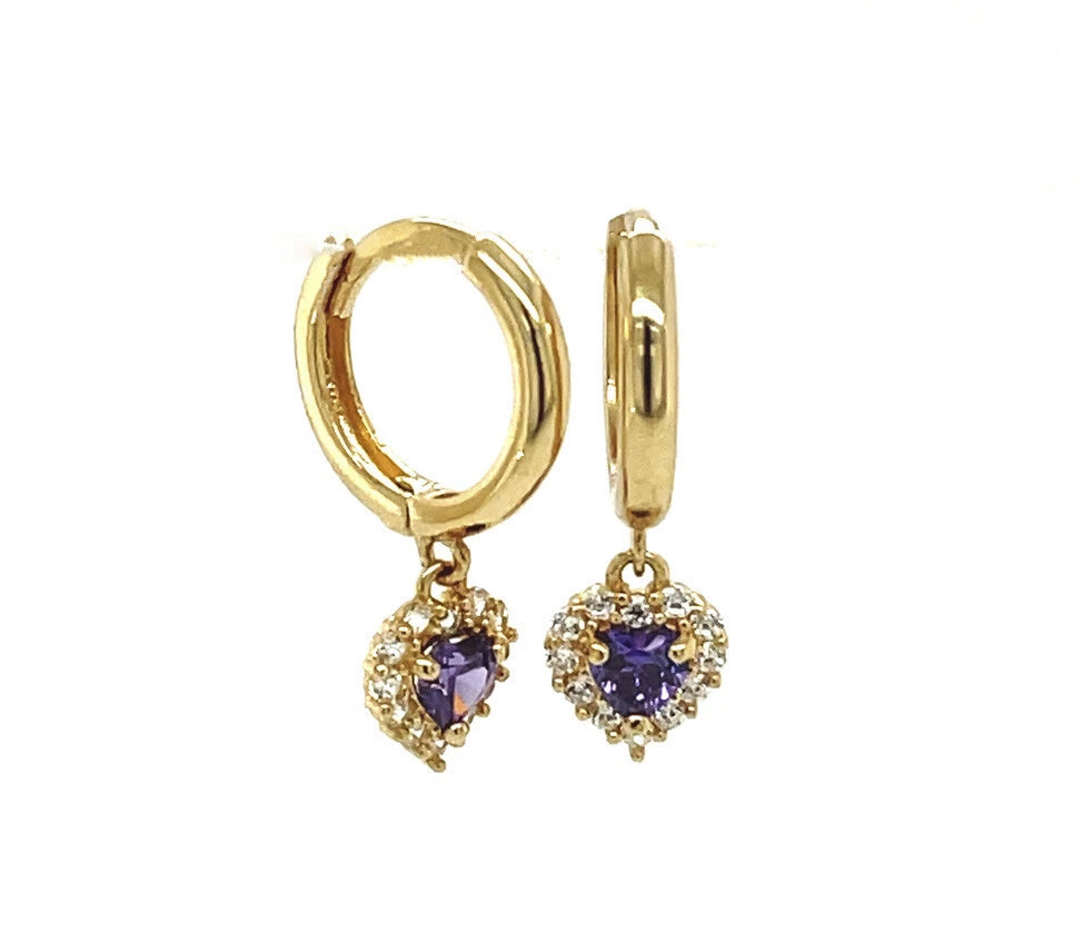14k Yellow Gold Halo Birthstone Heart Shaped Huggie Earrings for Women