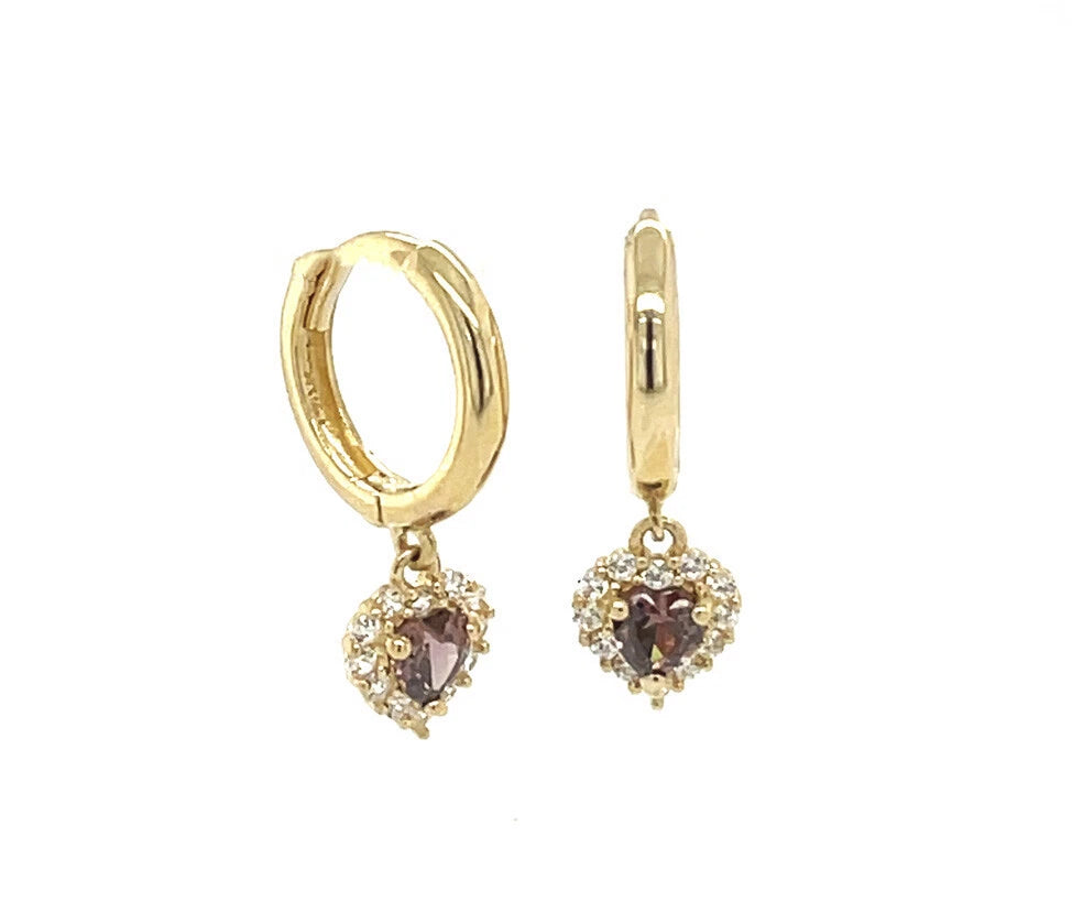 14k Yellow Gold Halo Birthstone Heart Shaped Huggie Earrings for Women