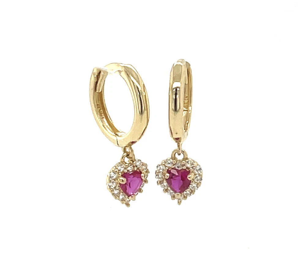 14k Yellow Gold Halo Birthstone Heart Shaped Huggie Earrings for Women