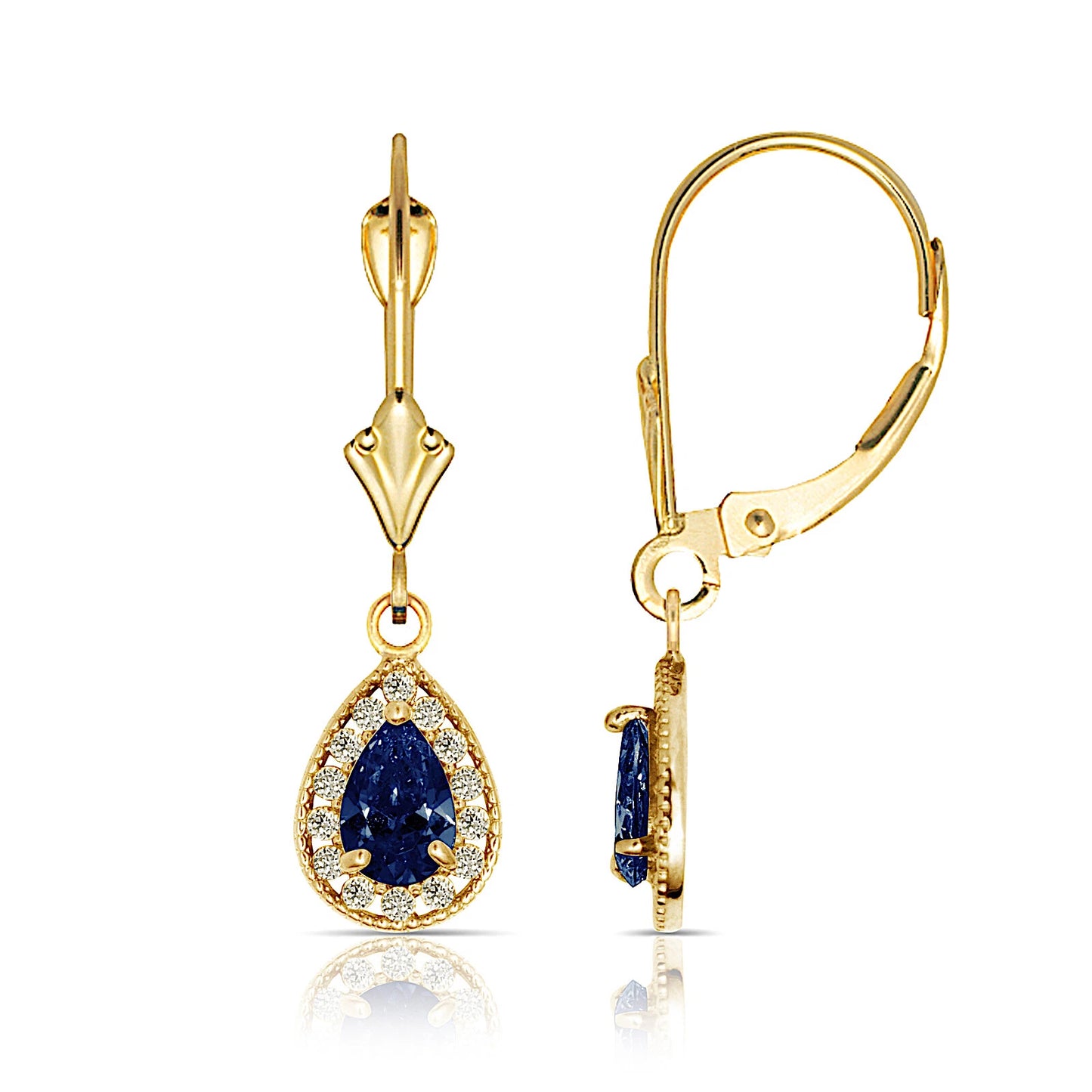 14k Yellow Gold Halo CZ Tear Drop Dangle Leverback Earrings