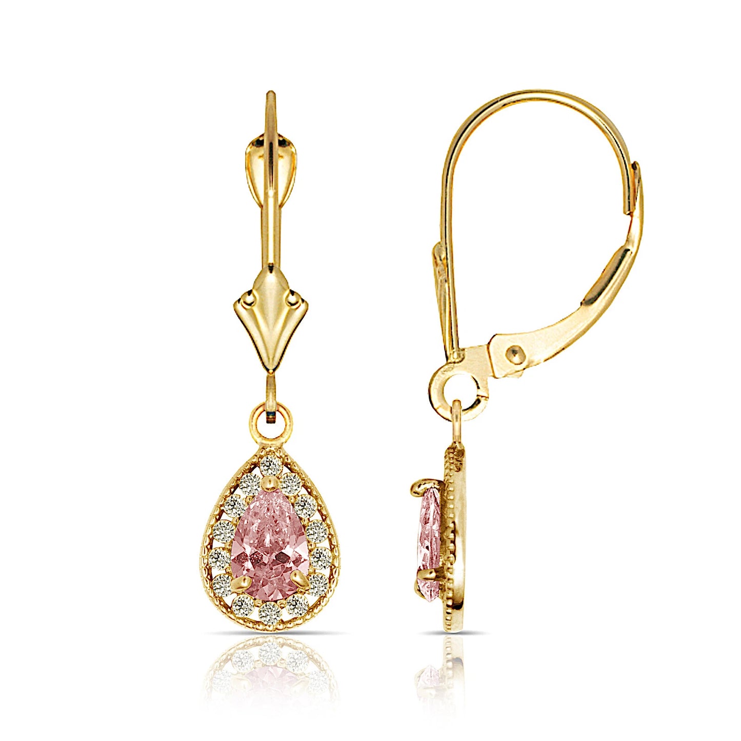 14k Yellow Gold Halo CZ Tear Drop Dangle Leverback Earrings