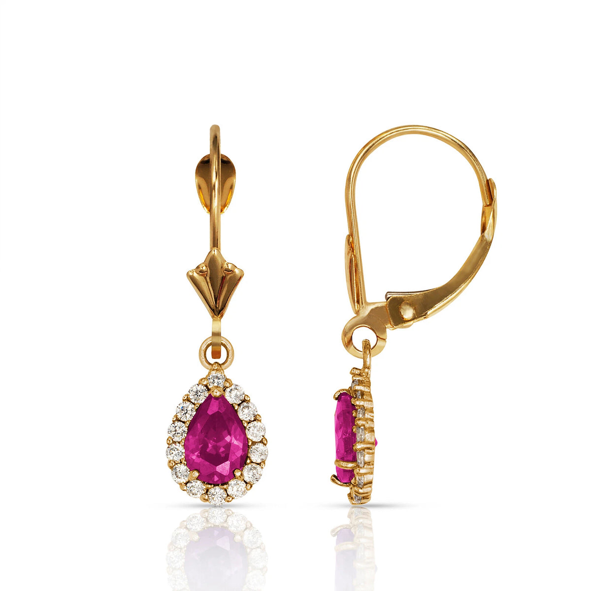 14k Yellow Gold Halo CZ Tear Drop Dangle Leverback Earring