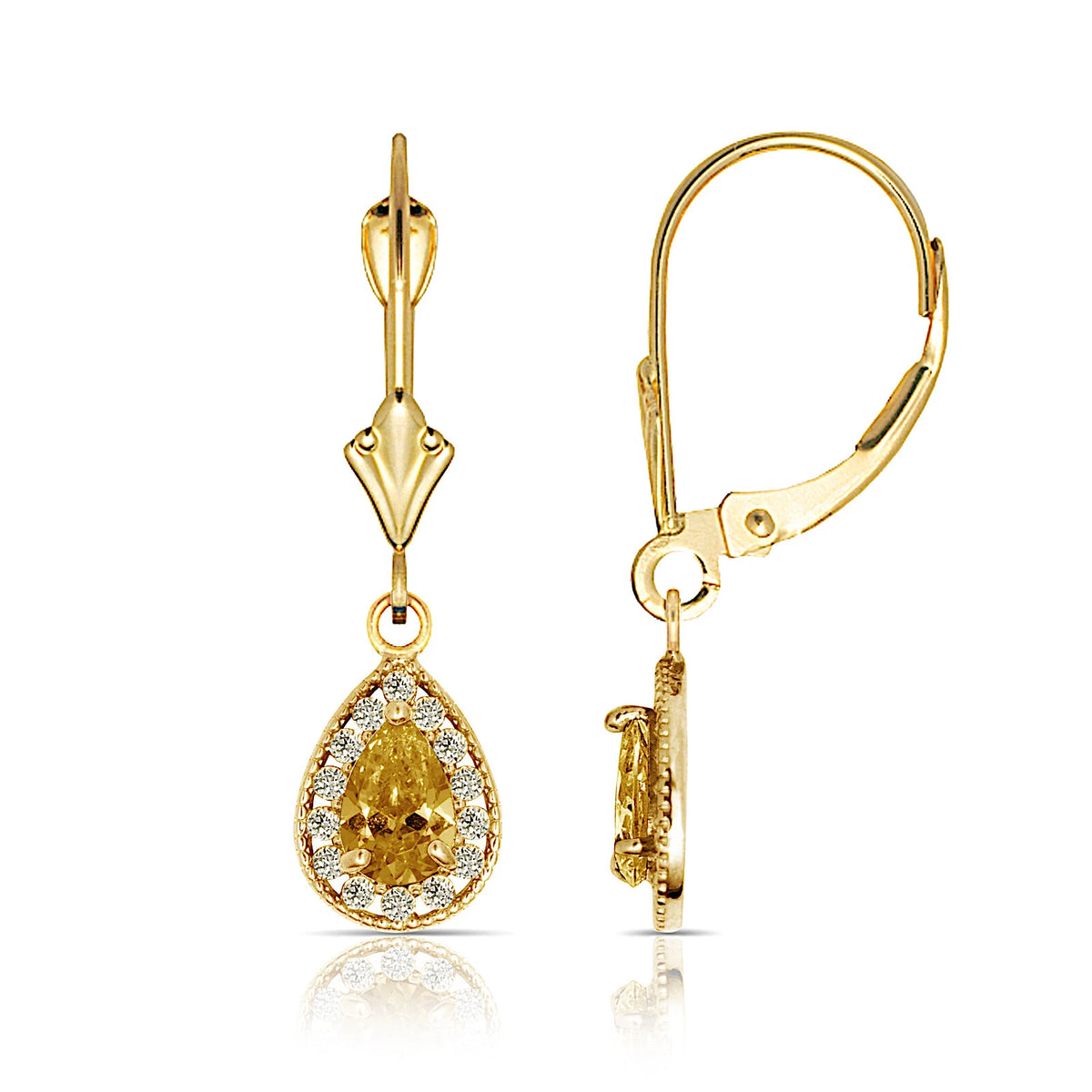 14k Yellow Gold Halo CZ Tear Drop Dangle Leverback Earrings