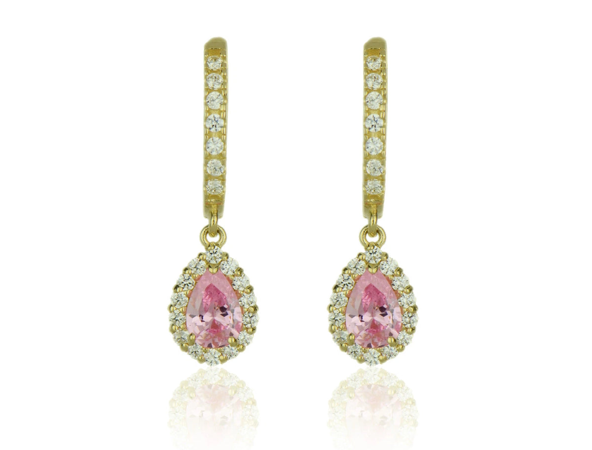 14k Yellow Gold Halo CZ Tear Drop Dangle Leverback