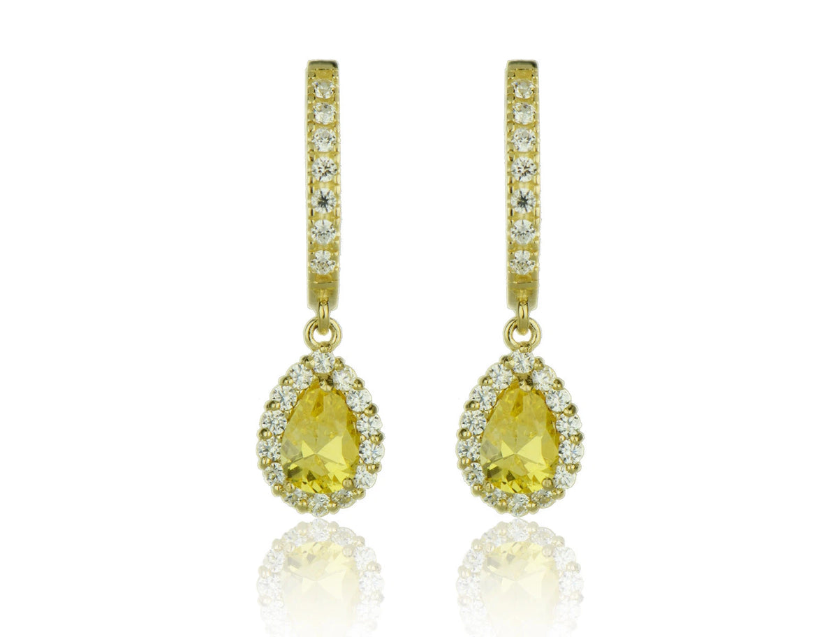 14k Yellow Gold Halo CZ Tear Drop Dangle Leverback