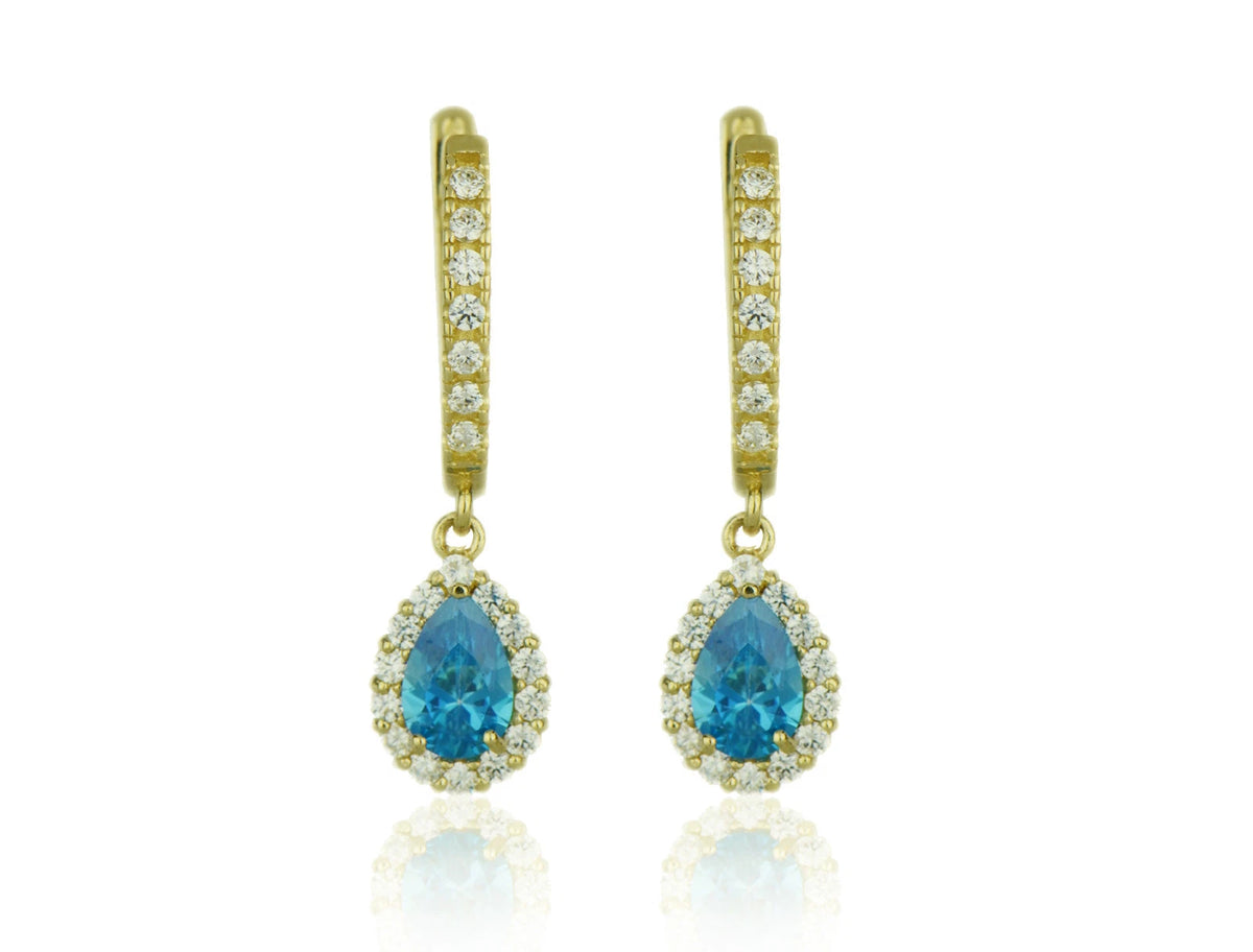 14k Yellow Gold Halo CZ Tear Drop Dangle Leverback