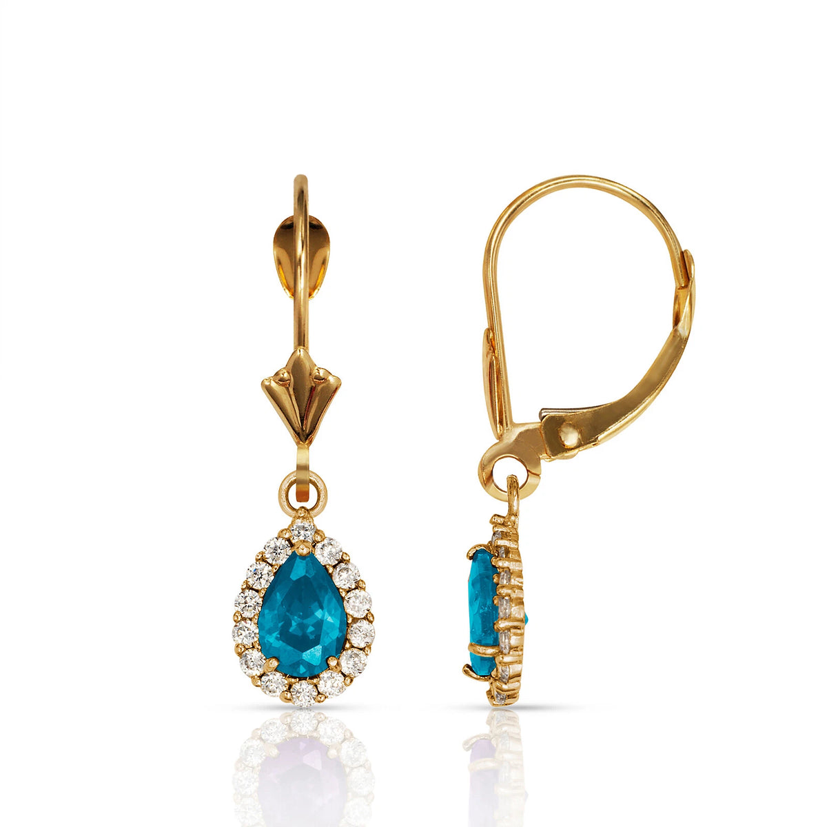 14k Yellow Gold Halo CZ Tear Drop Dangle Leverback Earring