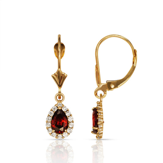14k Yellow Gold Halo CZ Tear Drop Dangle Leverback Earring