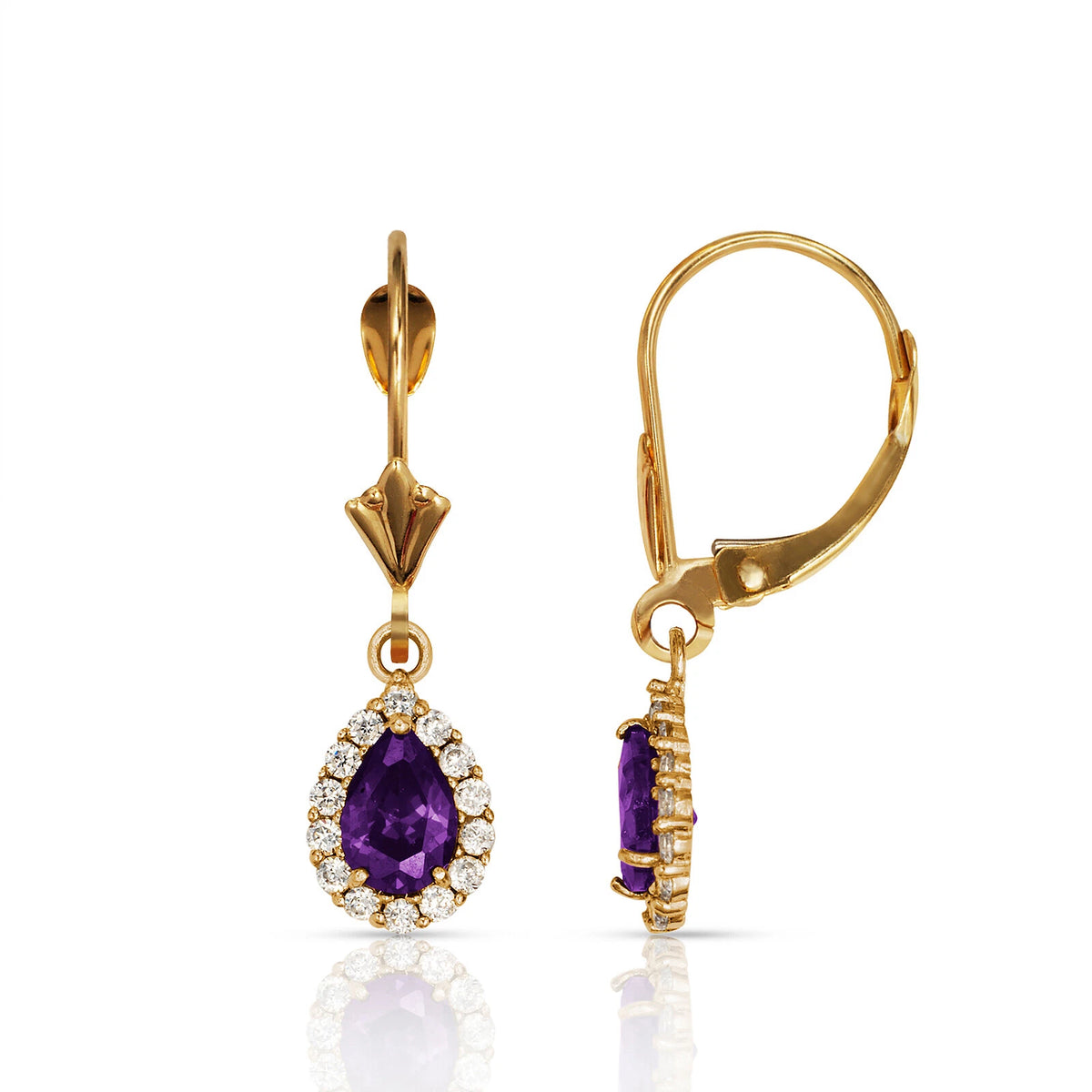 14k Yellow Gold Halo CZ Tear Drop Dangle Leverback Earring
