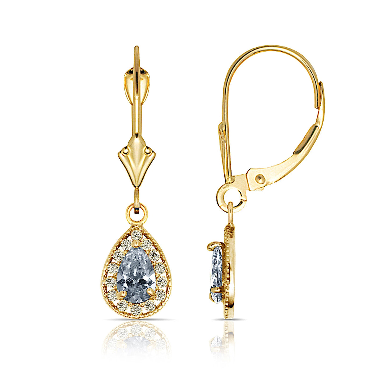 14k Yellow Gold Halo CZ Tear Drop Dangle Leverback Earrings