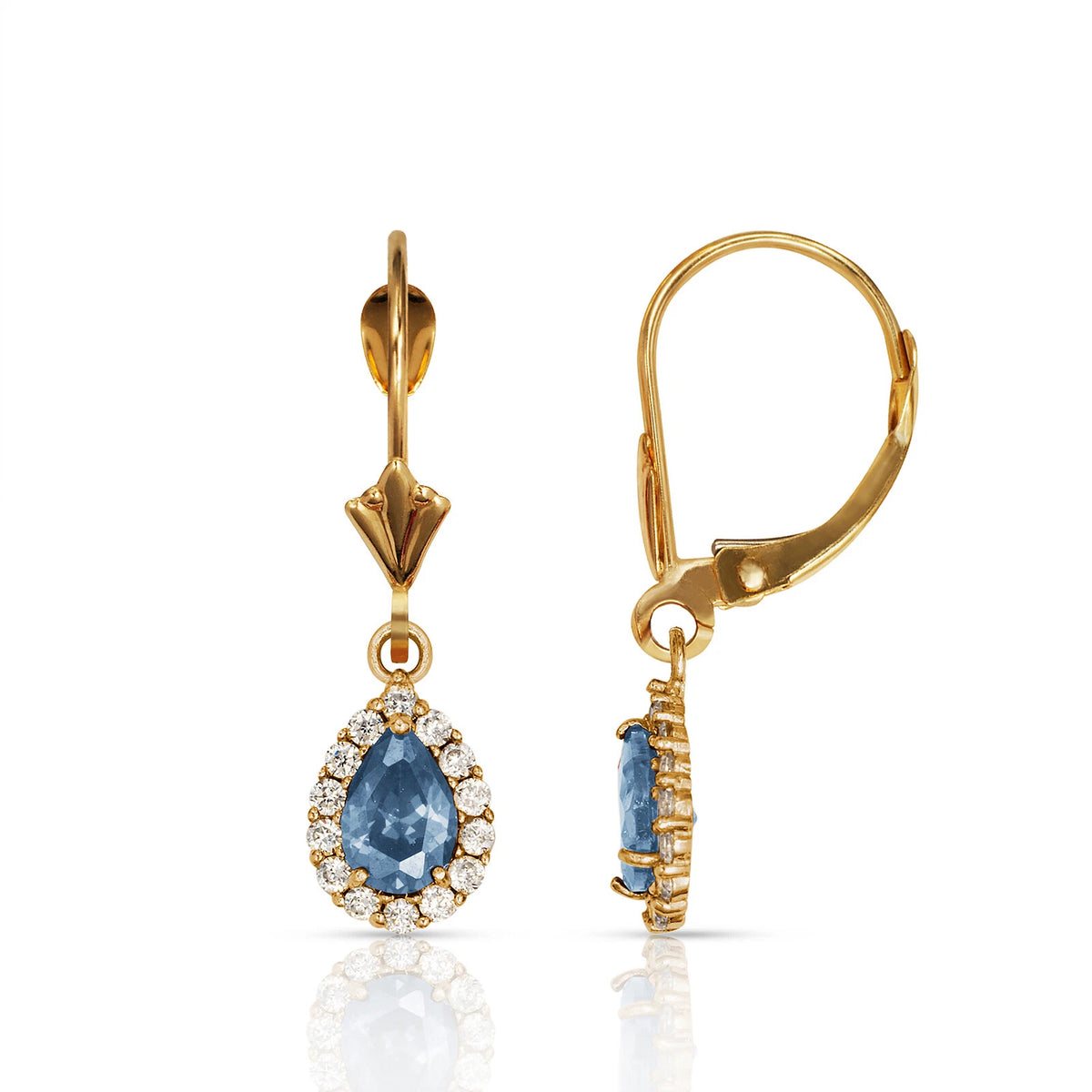 14k Yellow Gold Halo CZ Tear Drop Dangle Leverback Earring