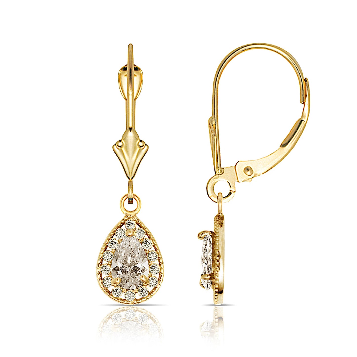 14k Yellow Gold Halo CZ Tear Drop Dangle Leverback Earrings