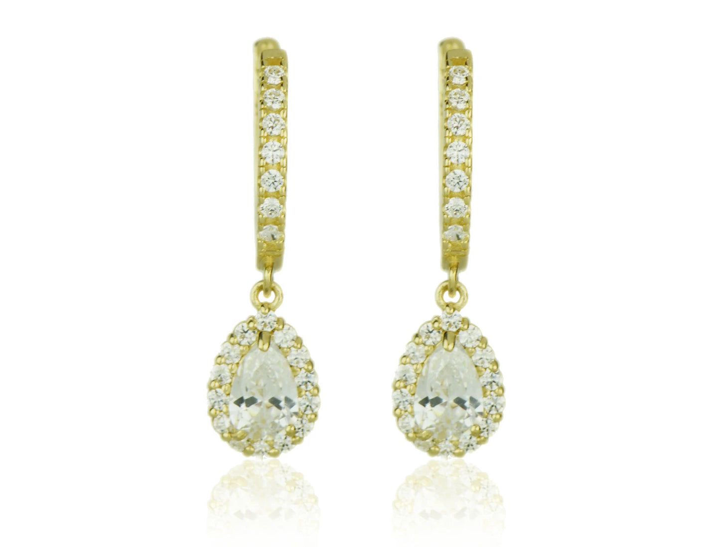 14k Yellow Gold Halo CZ Tear Drop Dangle Leverback