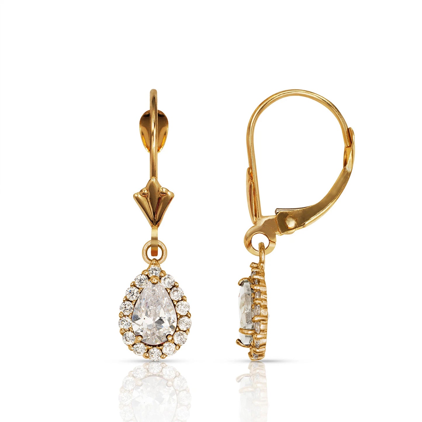 14k Yellow Gold Halo CZ Tear Drop Dangle Leverback Earring
