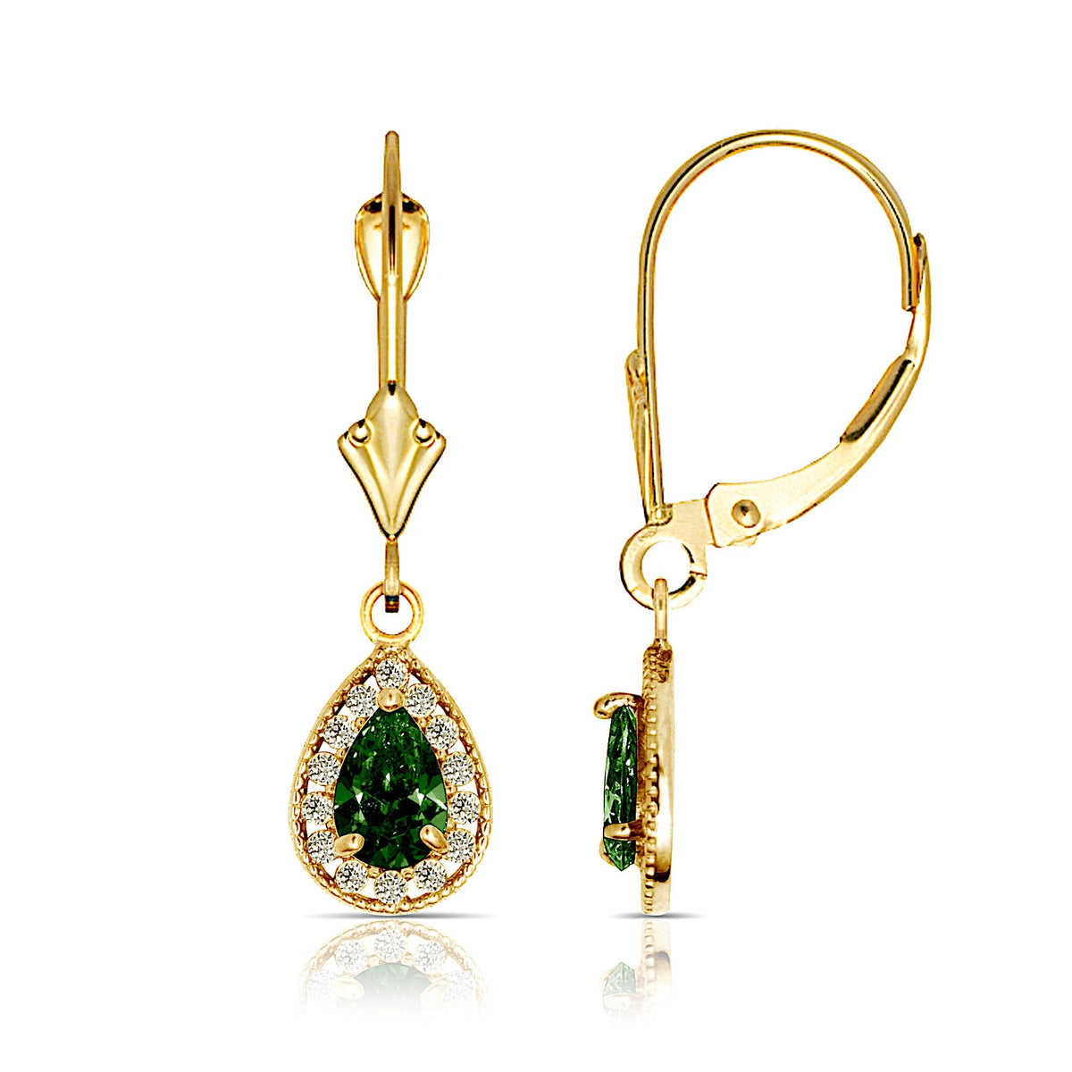 14k Yellow Gold Halo CZ Tear Drop Dangle Leverback Earrings