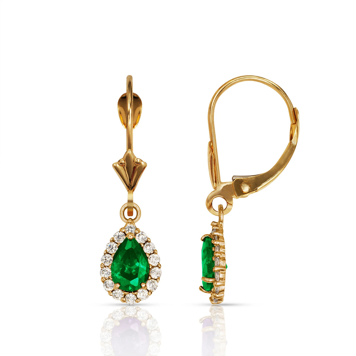 14k Yellow Gold Halo CZ Tear Drop Dangle Leverback Earring