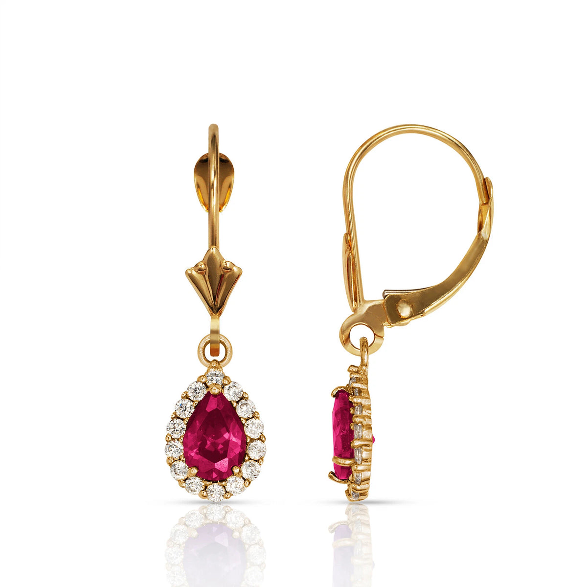 14k Yellow Gold Halo CZ Tear Drop Dangle Leverback Earring