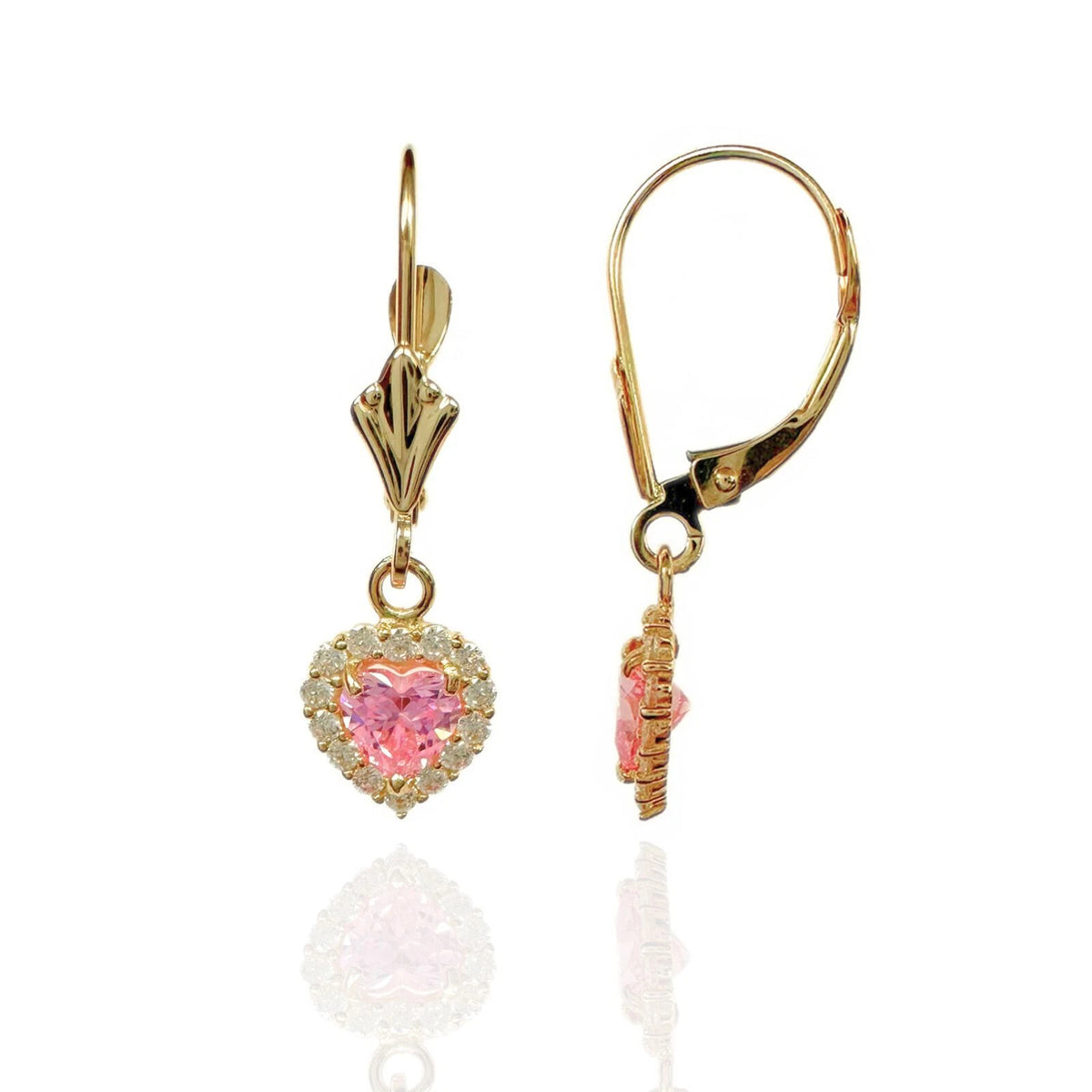 14k Yellow Gold Halo Heart Dangle Leverback Earrings