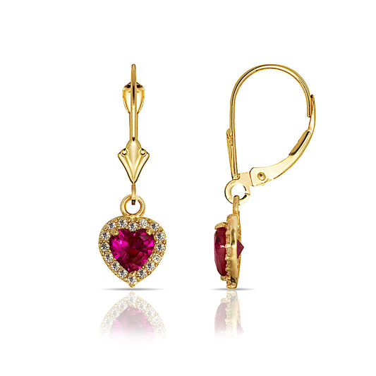 14k Yellow Gold Halo Heart Dangle Leverback Earrings