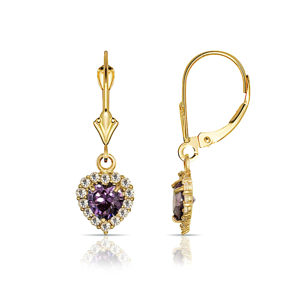 14k Yellow Gold Halo Heart Dangle Leverback Earrings