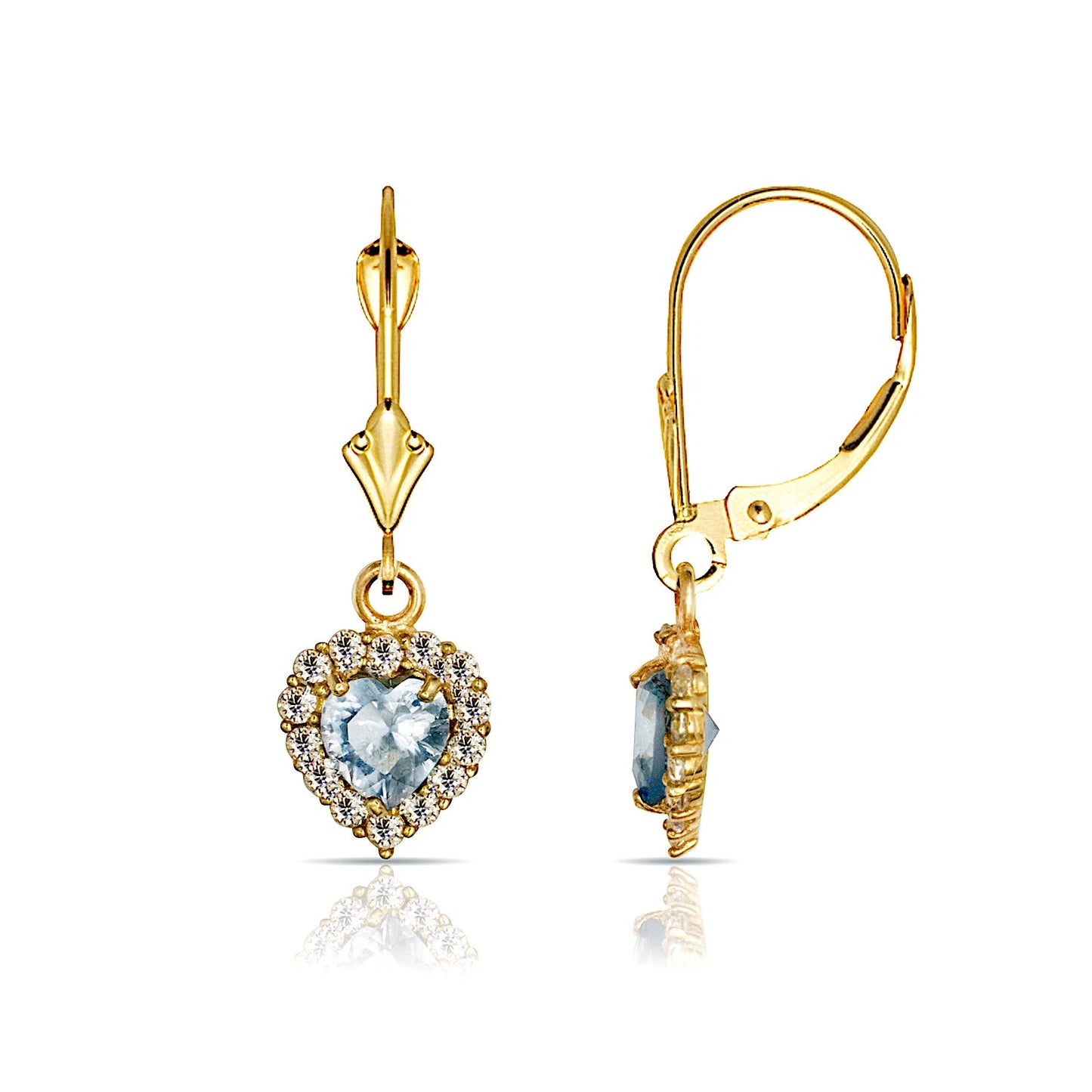 14k Yellow Gold Halo Heart Dangle Leverback Earrings