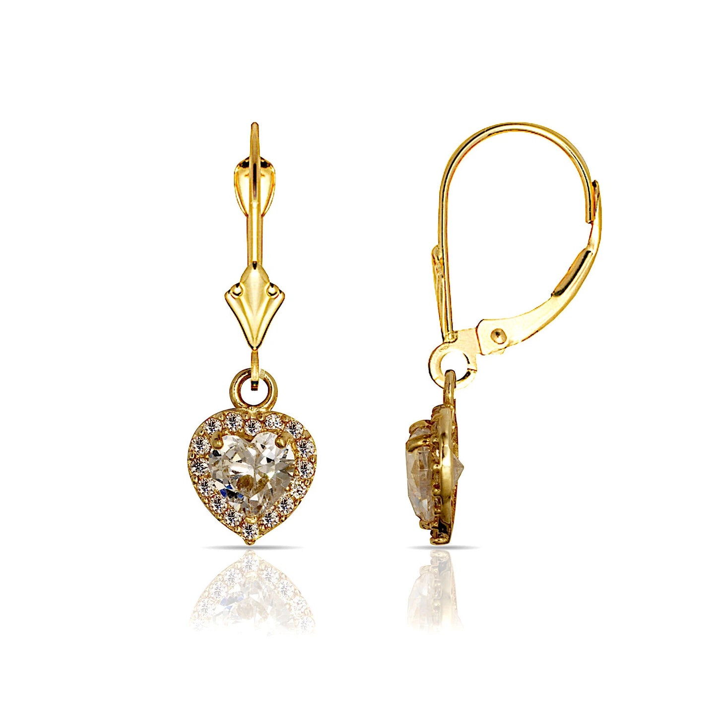 14k Yellow Gold Halo Heart Dangle Leverback Earrings