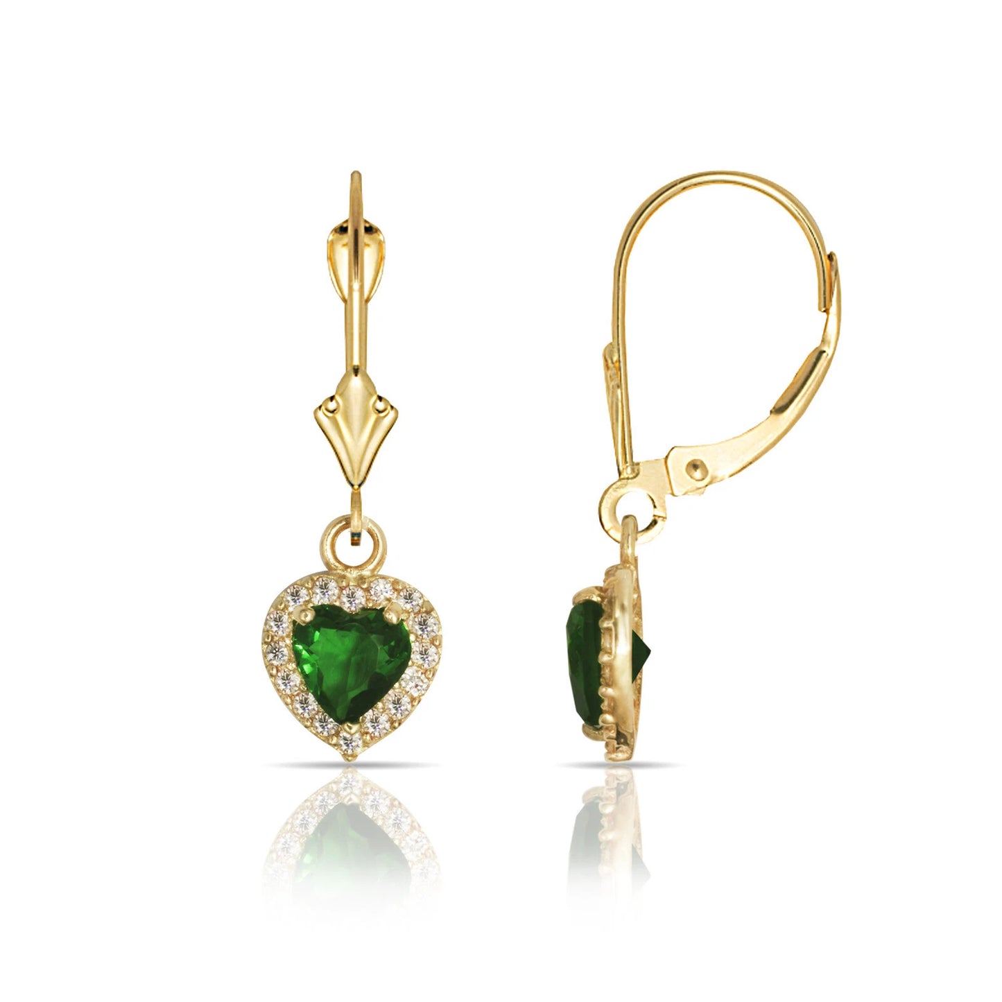 14k Yellow Gold Halo Heart Dangle Leverback Earrings