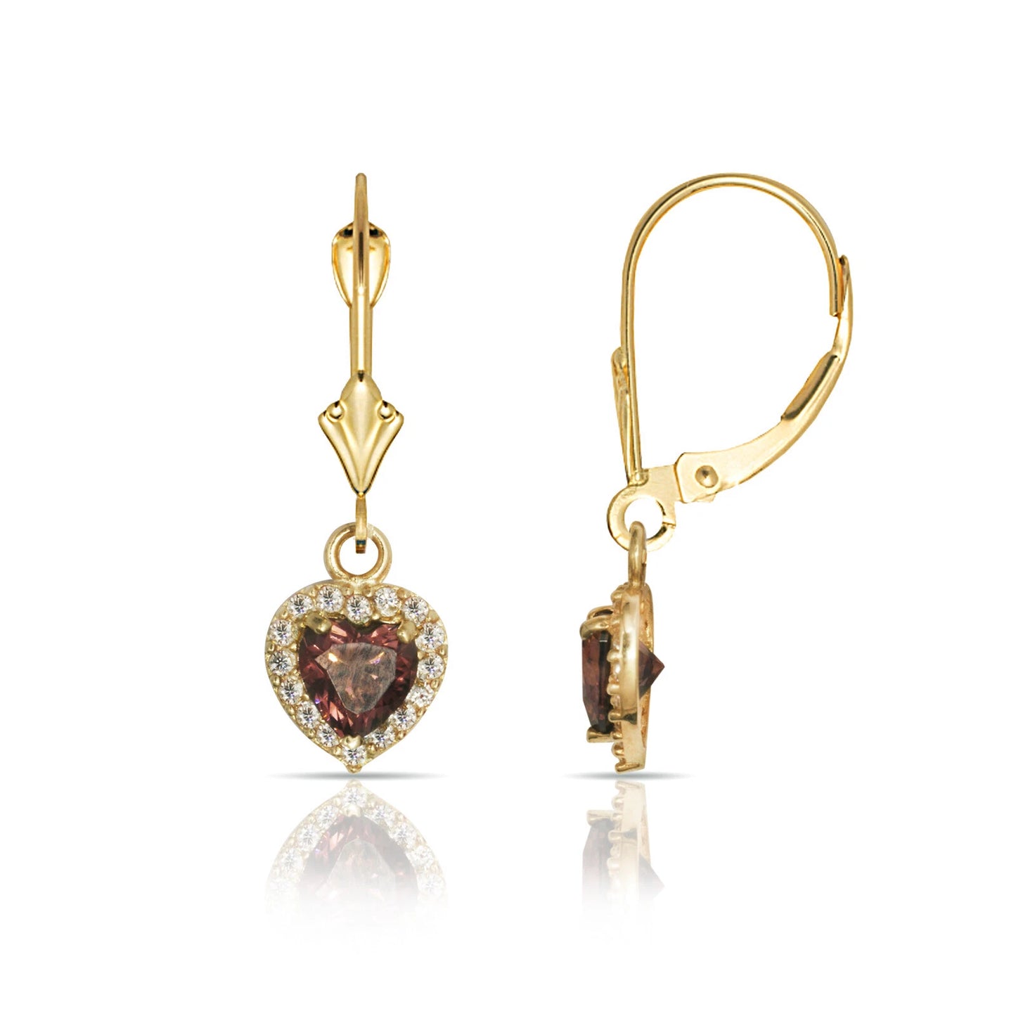 14k Yellow Gold Halo Heart Dangle Leverback Earrings