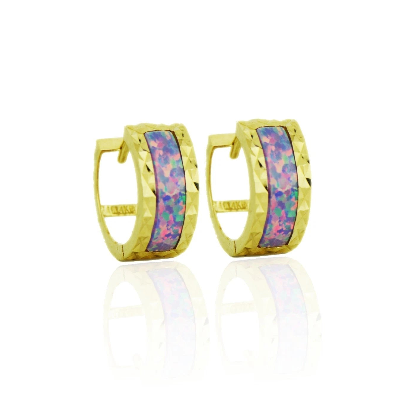 14k Yellow Gold Opal Huggie Hoop Earrings