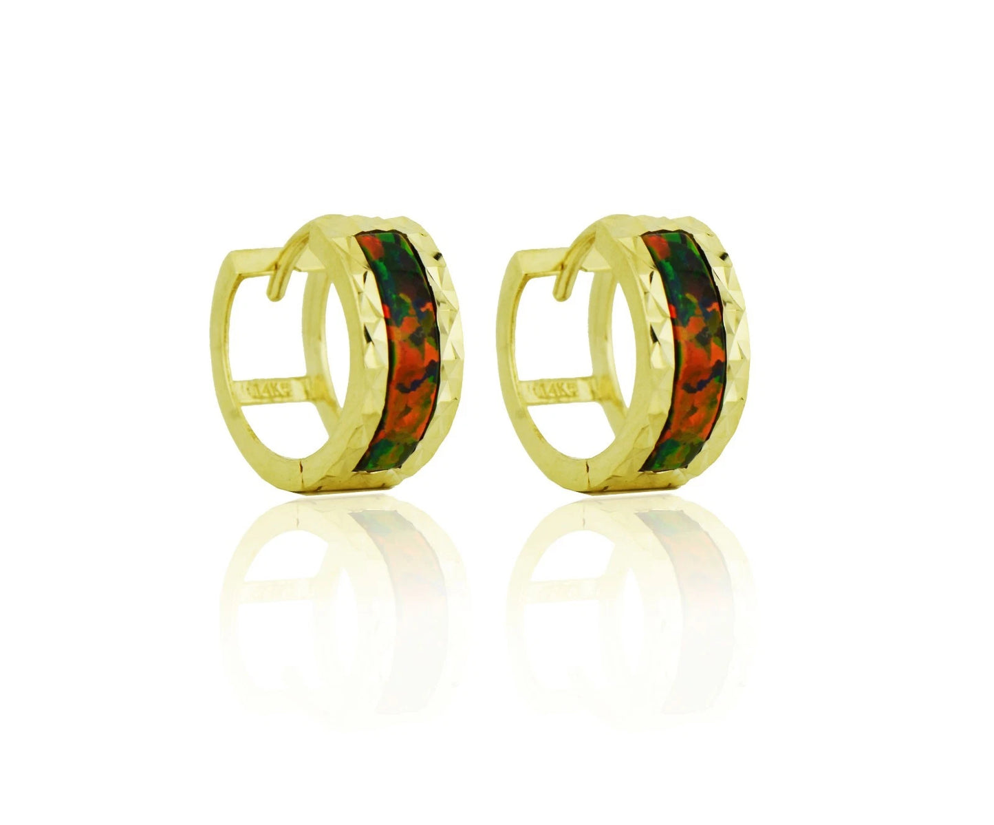14k Yellow Gold Opal Huggie Hoop Earrings