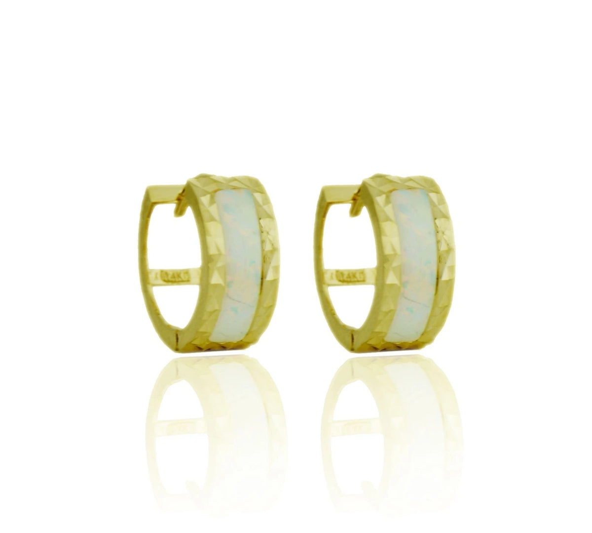 14k Yellow Gold Opal Huggie Hoop Earrings