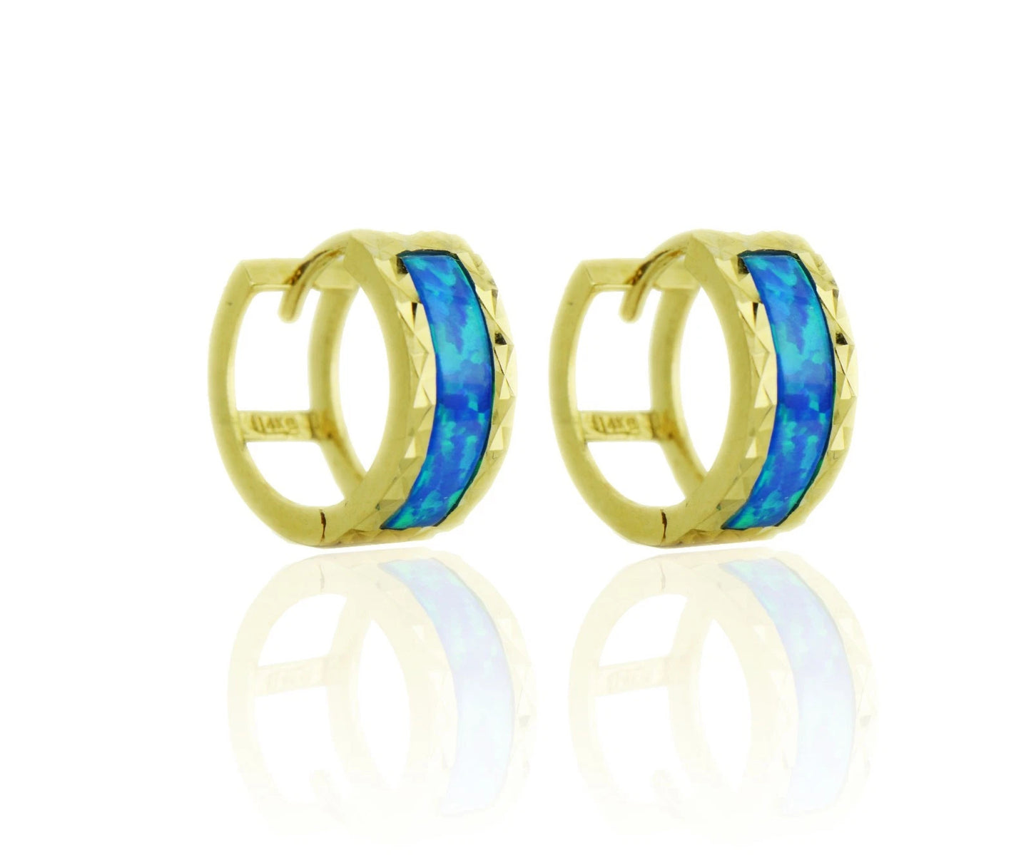 14k Yellow Gold Opal Huggie Hoop Earrings