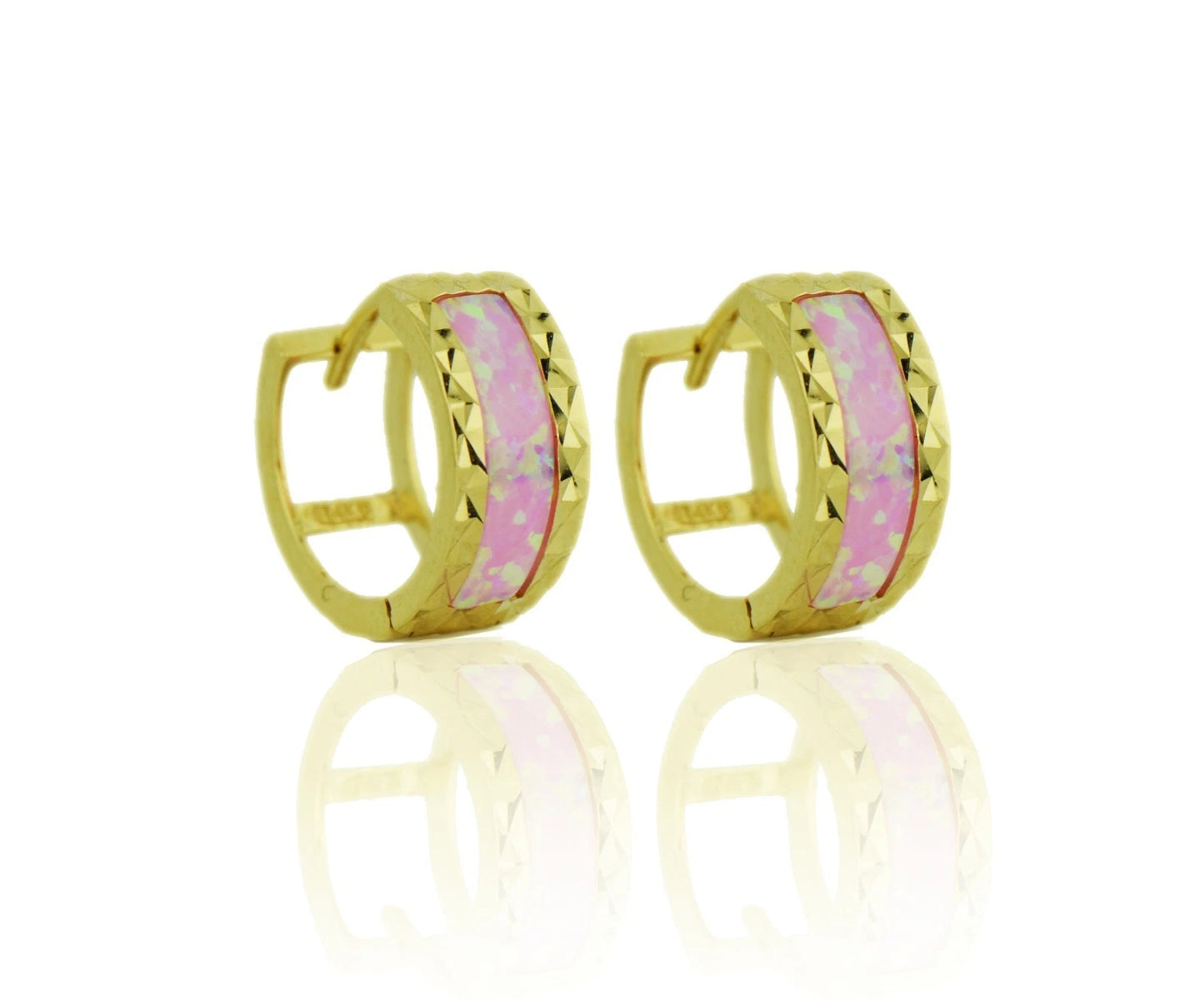 14k Yellow Gold Opal Huggie Hoop Earrings