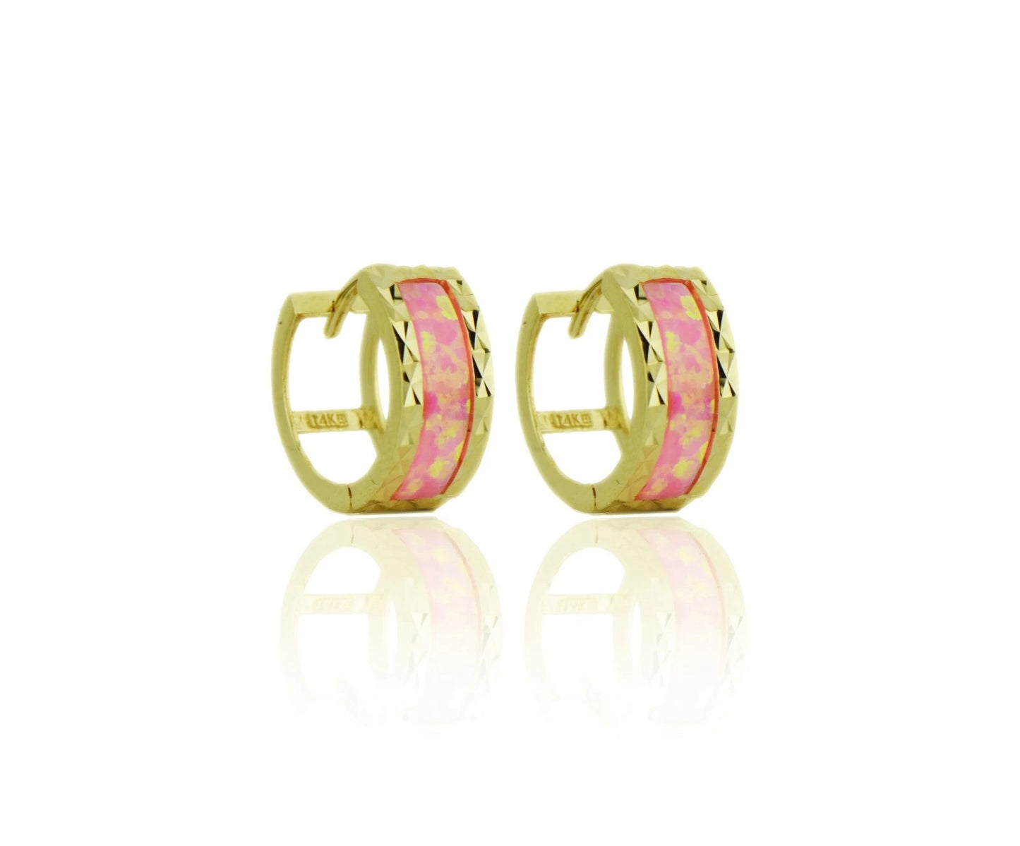 14k Yellow Gold Opal Huggie Hoop Earrings