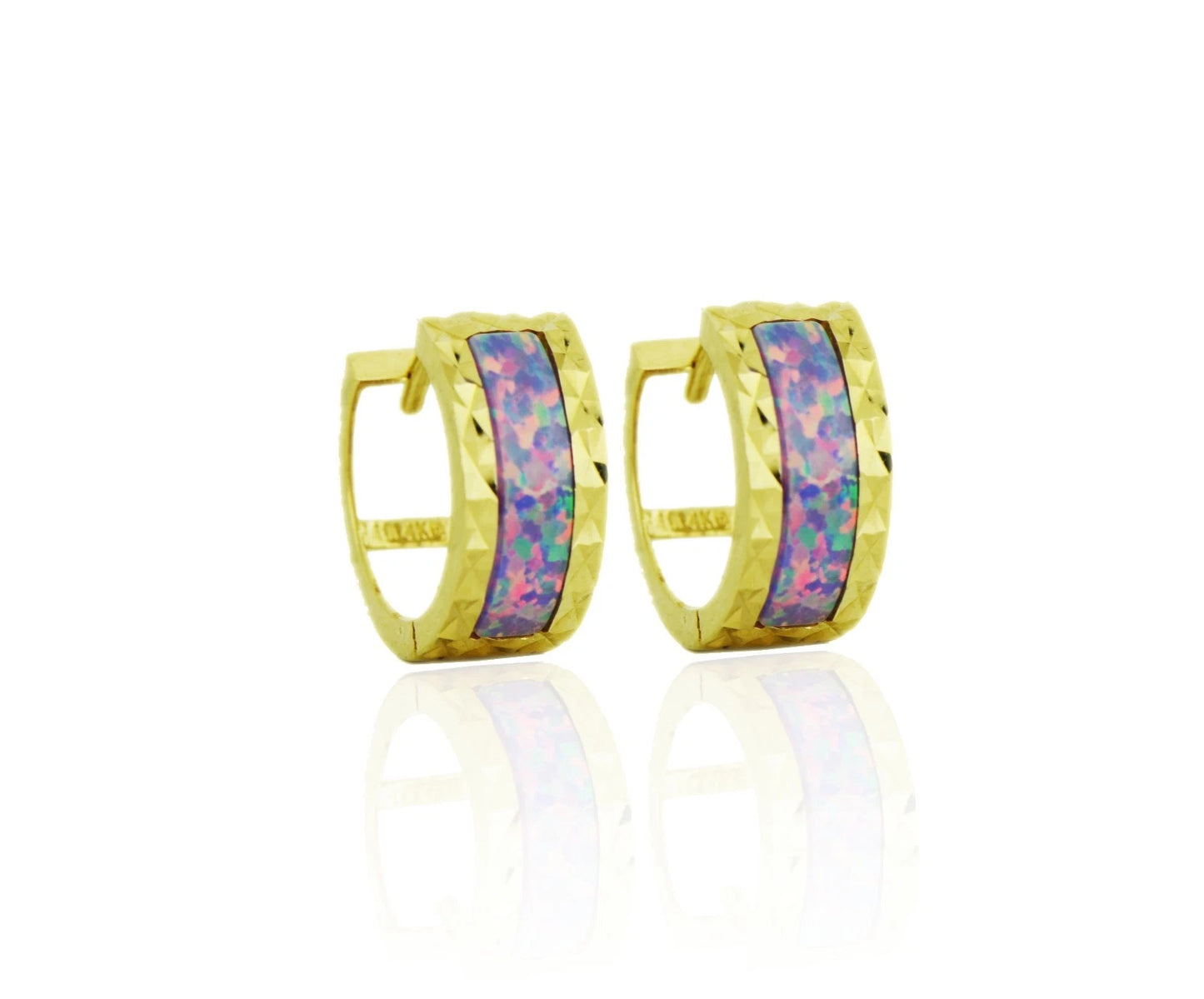 14k Yellow Gold Opal Huggie Hoop Earrings