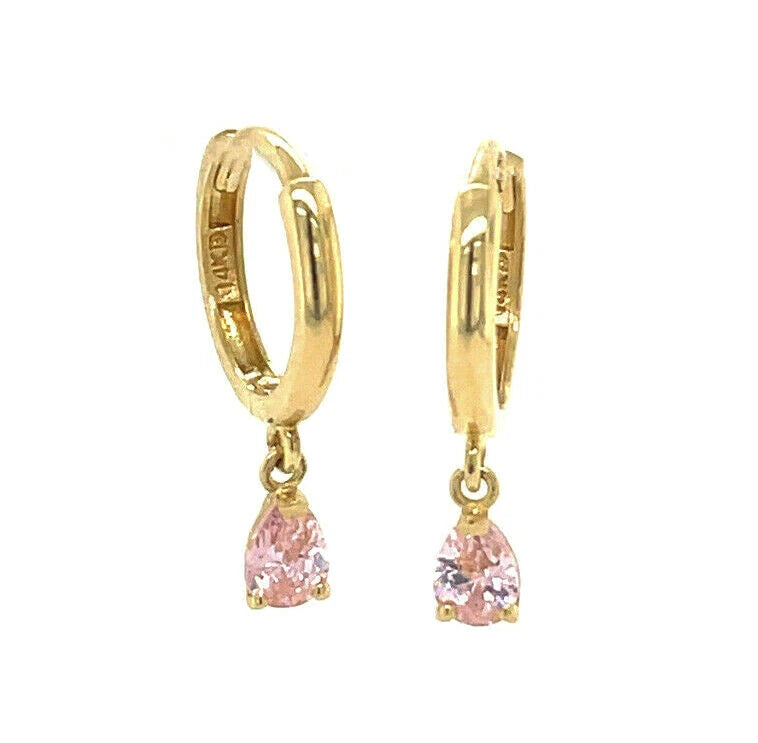 14k Yellow Gold Pear Shape Birthstone Huggie Earrings