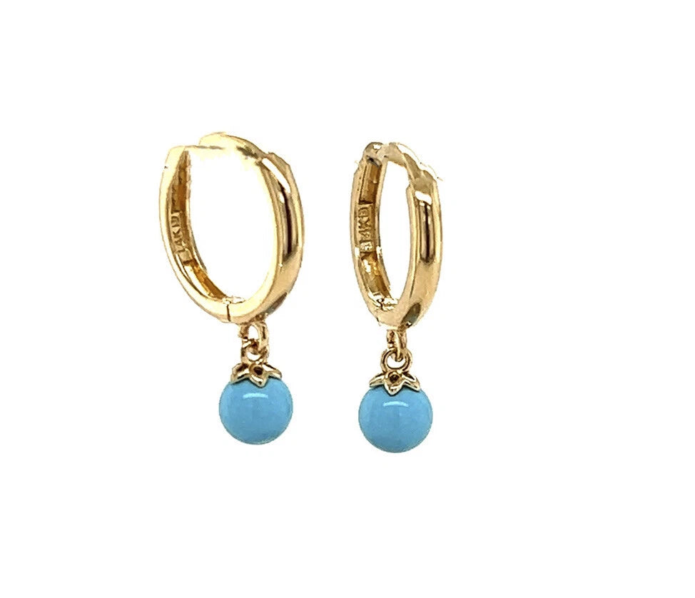 14k Yellow Gold Turquoise Huggie Dangle Earring