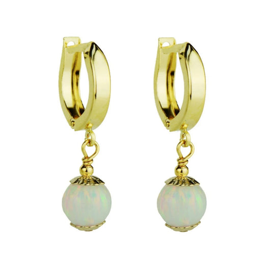 14k Yellow Gold white Opal Huggie Dangle Earring