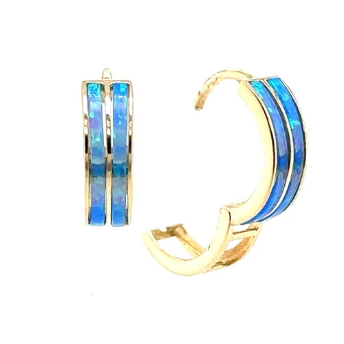 14k Yellow/White Gold Double Row Dark Blue Opal Huggie Hoop Earrings