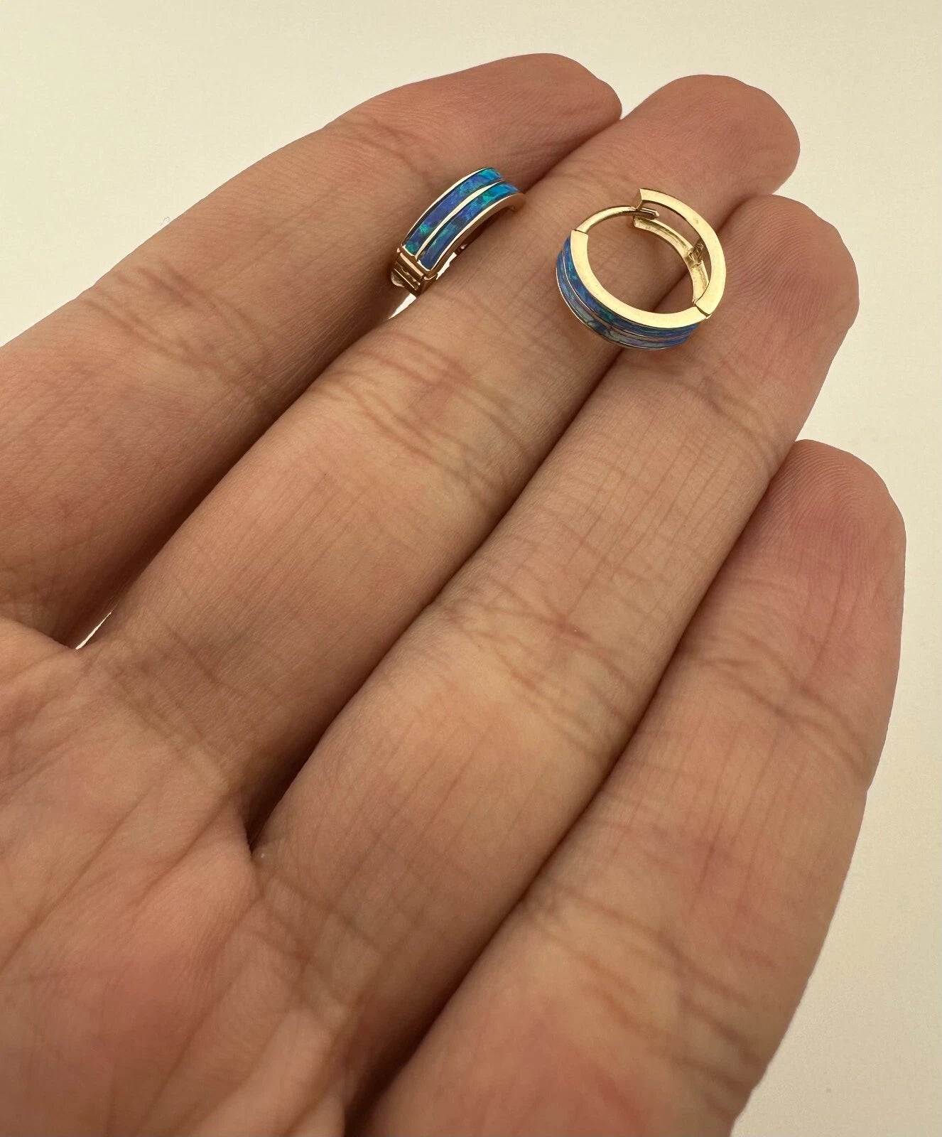14k Yellow/White Gold Double Row Dark Blue Opal Huggie Hoop Earrings
