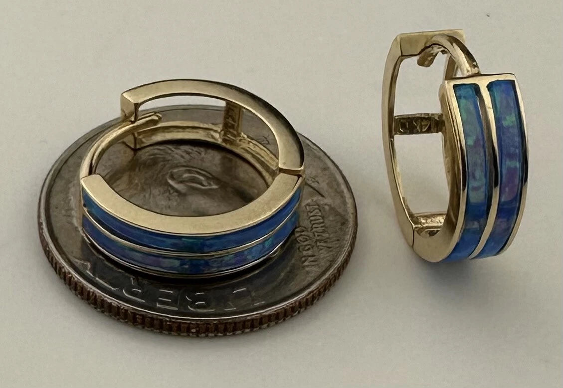 14k Yellow/White Gold Double Row Dark Blue Opal Huggie Hoop Earrings