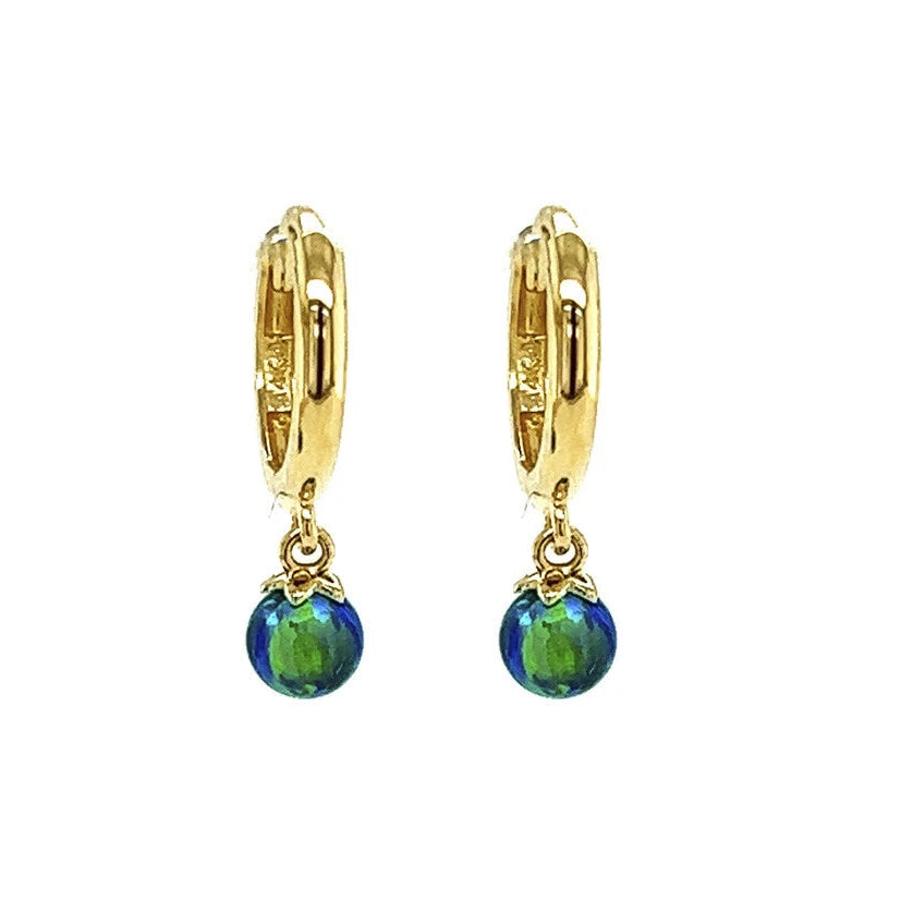 14k Yellow / White Gold Green Opal Huggie Dangle Earrings