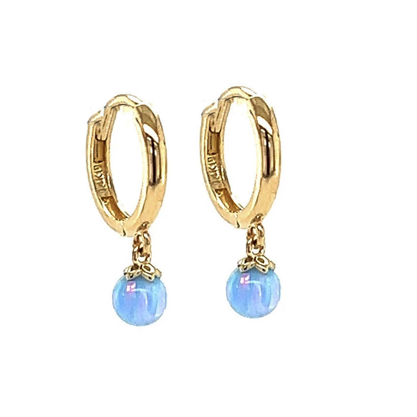 14k Yellow / White Gold Light Blue Opal Huggie Dangle Earrings