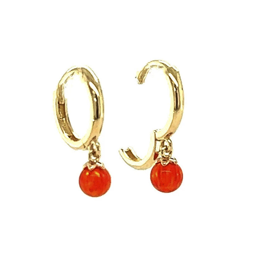 14k Yellow / White Gold Orange Opal Huggie Dangle Earrings