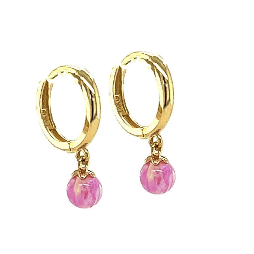 14k Yellow / White Gold Pink Opal Huggie Dangle Earrings