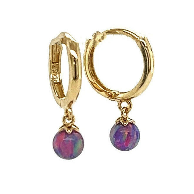14k Yellow / White Gold Purple Opal Huggie Dangle Earrings