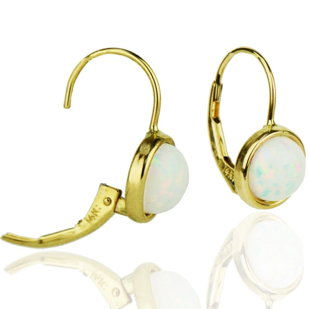 14k Yellow or White Gold Opal Dangle Leverback Earrings